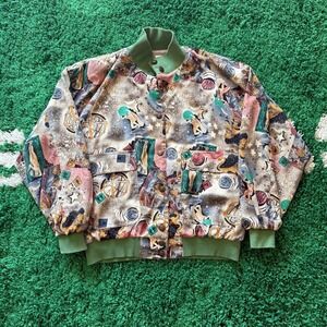 MonaLiza Abstract Celestial Print Bomber Jacket Green Ribbed Cuffs Collar